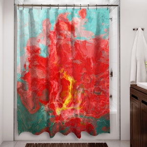 Abstract Art Shower Curtain, Contemporary Bathroom Decor, Bathroom Art, Water Resistant Shower Curtain, Red Hot and Cool, Red and Aqua