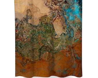Abstract Art Shower Curtain: Contemporary Bathroom Decor - Canyon Sunset in Rust, Turquoise,