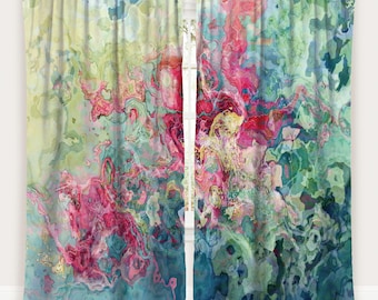 May include: Abstract art curtains in shades of teal, pink, green, and yellow. The curtains feature a flowing, marbled design with a watercolor effect. The panels are hung on a silver rod, adding a touch of elegance to the room.