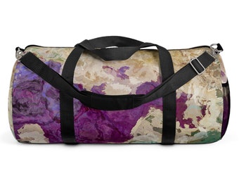 Weekender With Abstract Art, Lined Fabric Duffel Bag With Padded Shoulder Strap, Overnight Travel Bag, Duffle Carry On, Plum Creek