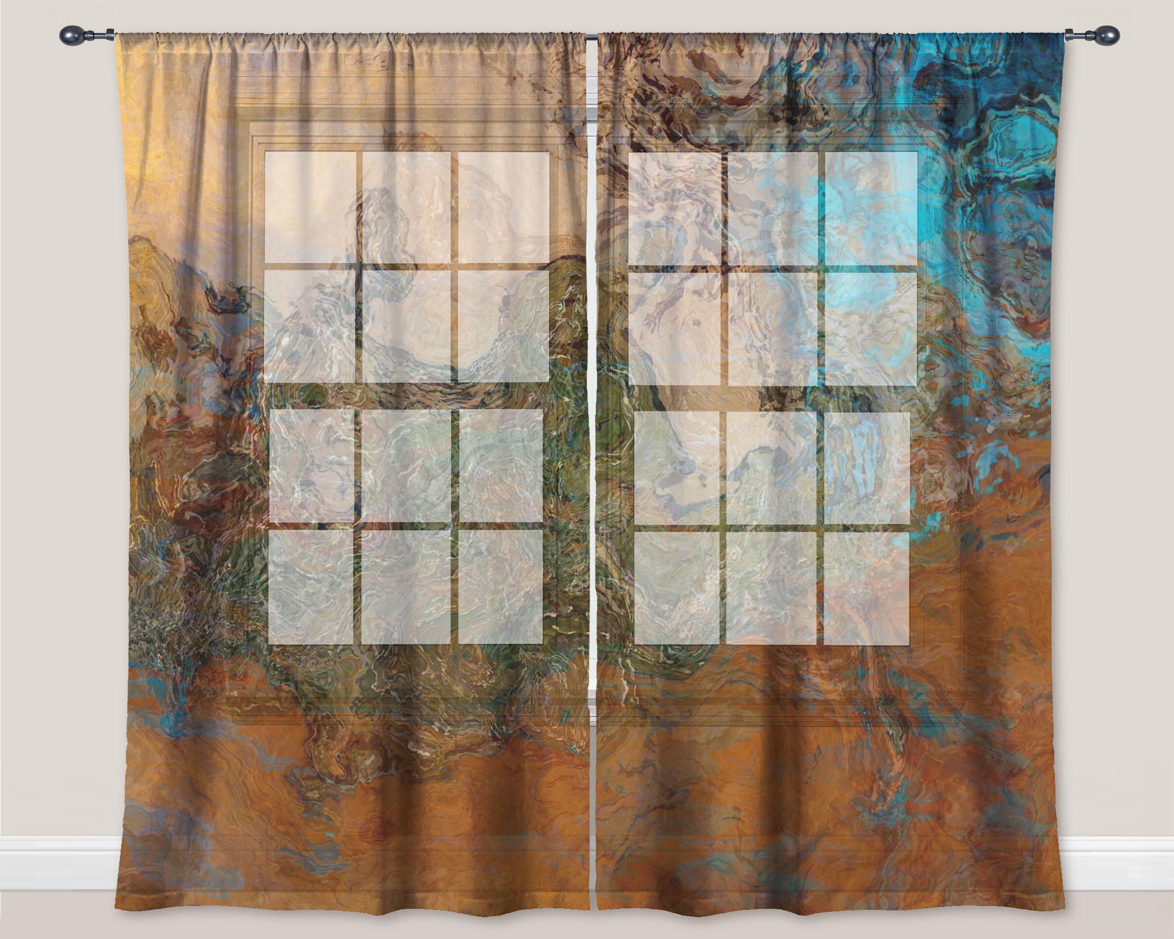 Sheer Drapery Set With Abstract Art In Orange Turquoise And Etsy