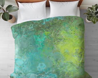 May include: A green and blue abstract duvet cover with a marbled pattern.