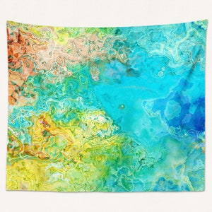Abstract Art Tapestry Large Wall Hanging, Modern Living Room or Bedroom Decor, Contemporary Decor, Tenacious in Aqua, Yellow, Blue, Green
