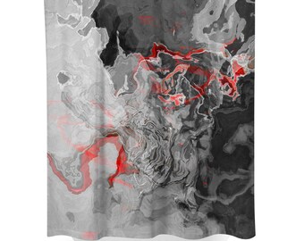 Abstract Art Shower Curtain: Contemporary Bathroom Decor - Shadow Land, Red, Black, Gray, White