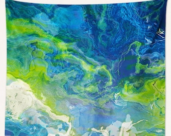 Abstract Art Tapestry: Large Modern Wall Hanging - River Dream in Blue, Green and White