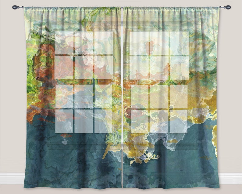Sheer Drapery Set With Abstract Art In Teal Orange Green Etsy