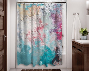 Abstract Art Shower Curtain, Contemporary Bathroom Decor, Bathroom Art, Water Resistant Shower Curtain, Interlude, Aqua, White, Hot Pink