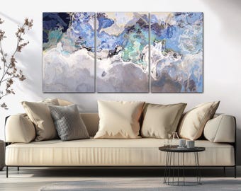 Large Abstract Triptych Canvas Giclee Print: 36x72 or 40x78, Contemporary Wall Art - Out of the Blue