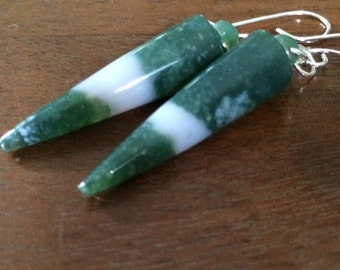 Moss agate and sterling silver spiral tube earrings