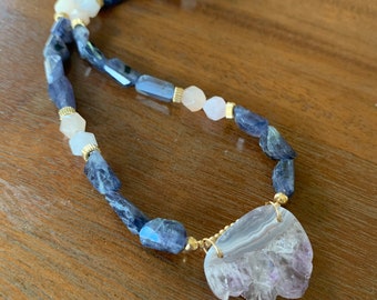 Druzy amethyst and iolite necklace