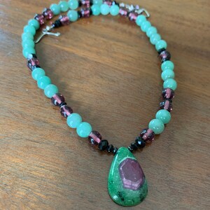 Ruby zoisite, aventurine, and vintage glass necklace image 5