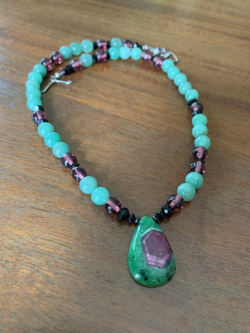 Ruby zoisite, aventurine, and vintage glass necklace image 5