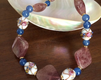 Ruby quartz, Venetian glass, and blue agate necklace