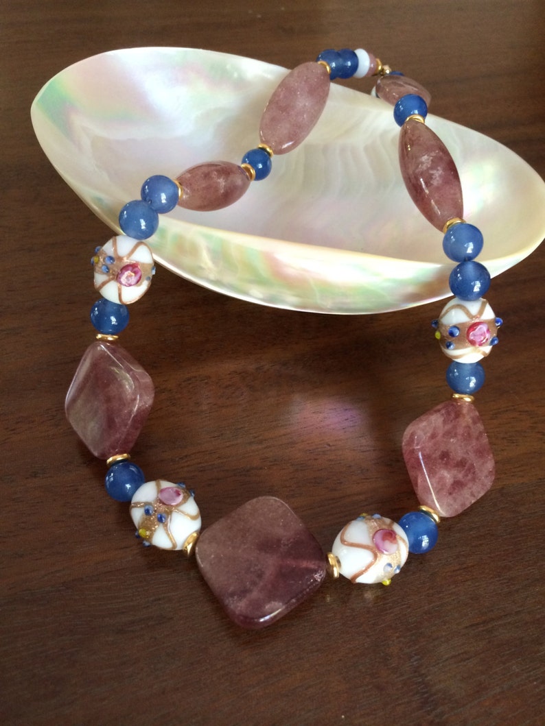Ruby quartz, Venetian glass, and blue agate necklace image 1