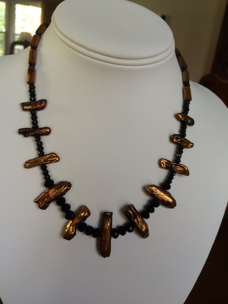Bronze freshwater pearl and black crystal necklace image 5