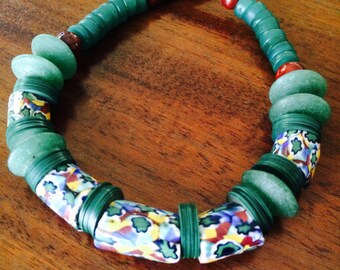 Millefiori trade bead, glass, jasper, and tiger&#39;s eye necklace