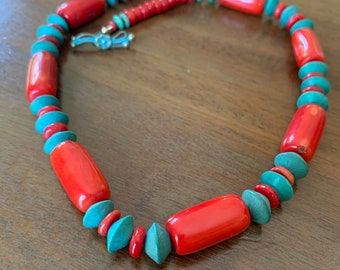 Vibrant red coral and teal wood necklace