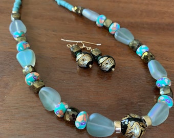 Japanese tensha, bronze spinel, and aqua glass necklace and earrings