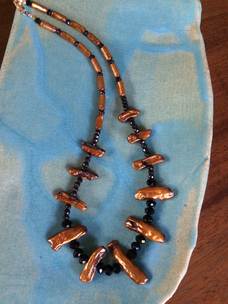Bronze freshwater pearl and black crystal necklace image 2