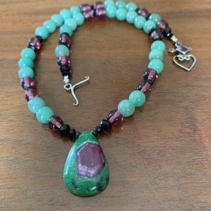 Ruby zoisite, aventurine, and vintage glass necklace image 1