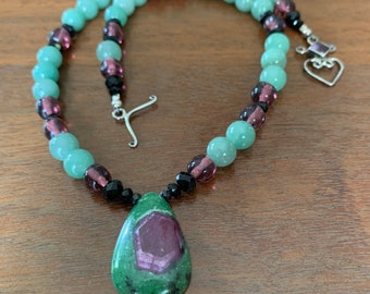 Ruby zoisite, aventurine, and vintage glass necklace