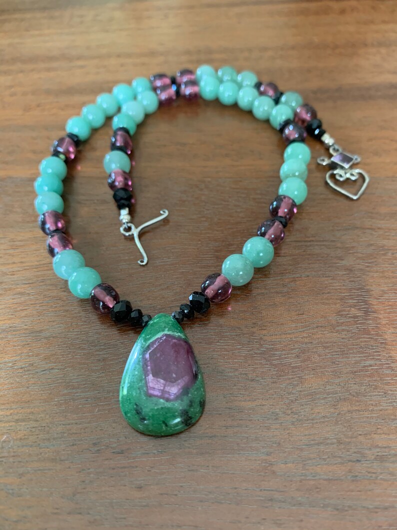 Ruby zoisite, aventurine, and vintage glass necklace image 1