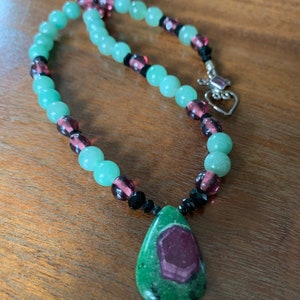 Ruby zoisite, aventurine, and vintage glass necklace image 7