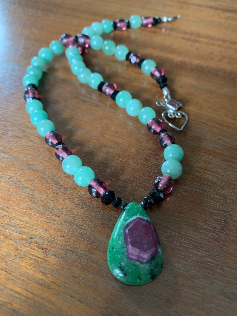 Ruby zoisite, aventurine, and vintage glass necklace image 7