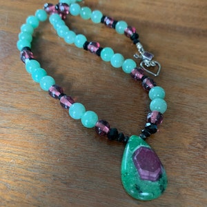 Ruby zoisite, aventurine, and vintage glass necklace image 6