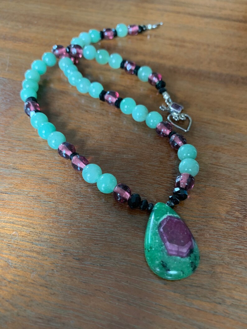 Ruby zoisite, aventurine, and vintage glass necklace image 6