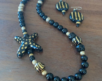 African Kazuri bead and onyx necklace and earrings