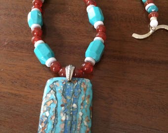 Impression jasper, turquoise, and carnelian necklace