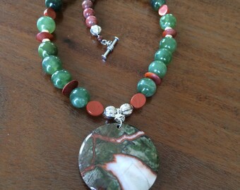 Moss green agate and rainforest jasper necklace in sterling silver