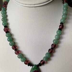 Ruby zoisite, aventurine, and vintage glass necklace image 2