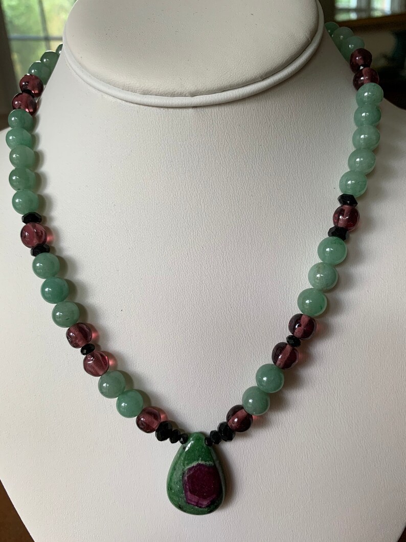 Ruby zoisite, aventurine, and vintage glass necklace image 2