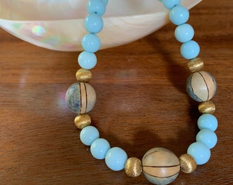 Vintage wood and light blue glass necklace