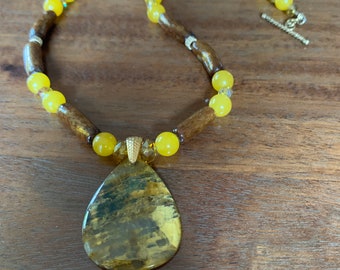 Nellite, bronze coral, and yellow topaz necklace