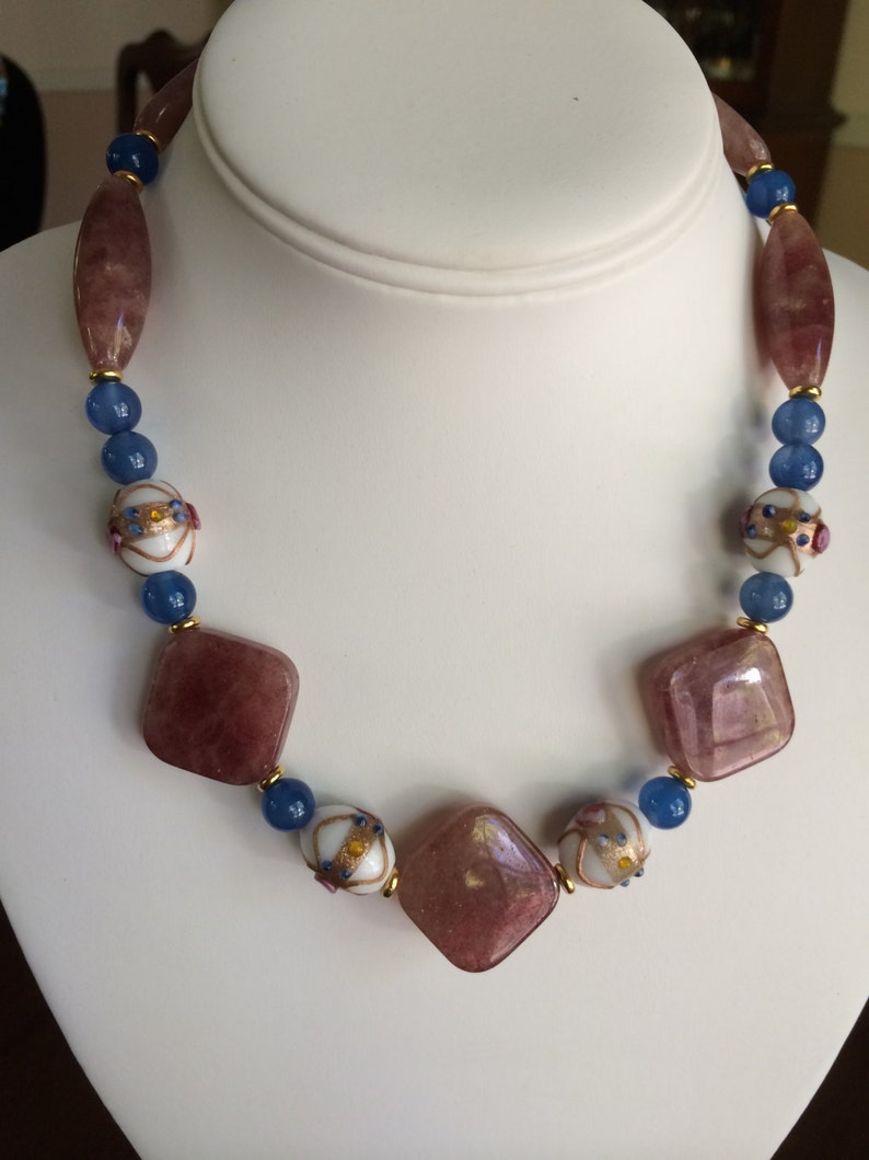 Ruby quartz, Venetian glass, and blue agate necklace image 2