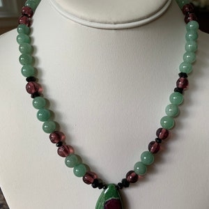 Ruby zoisite, aventurine, and vintage glass necklace image 4