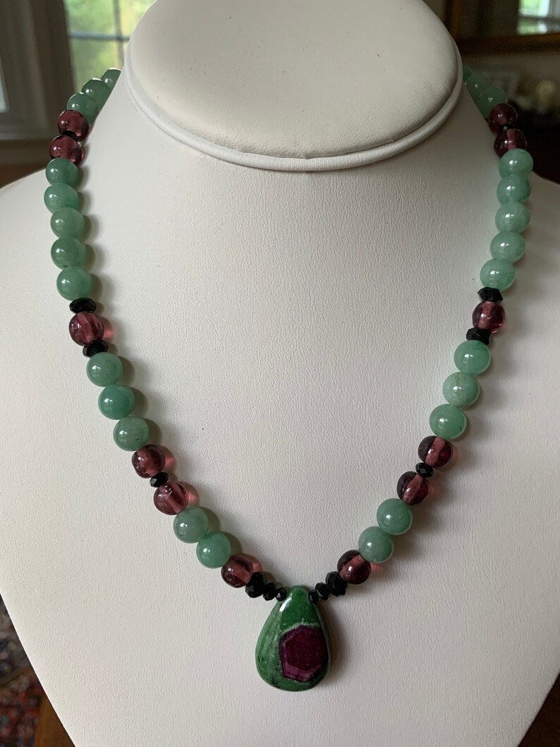 Ruby zoisite, aventurine, and vintage glass necklace image 4