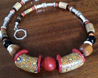 African trade bead, jasper, and sterling silver necklace
