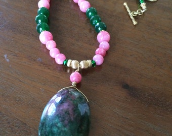 Pink morganite and green jade necklace with ruby-in-fushcite pendant