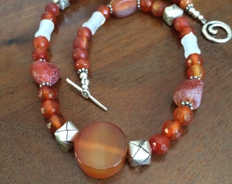 Carnelian, agate, and Hill Tribe silver necklace