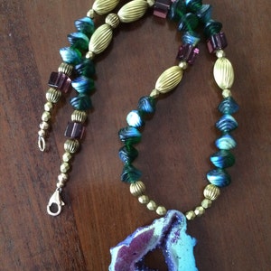 Titanium druzy, Czech glass, and vintage brass necklace and earrings set image 3