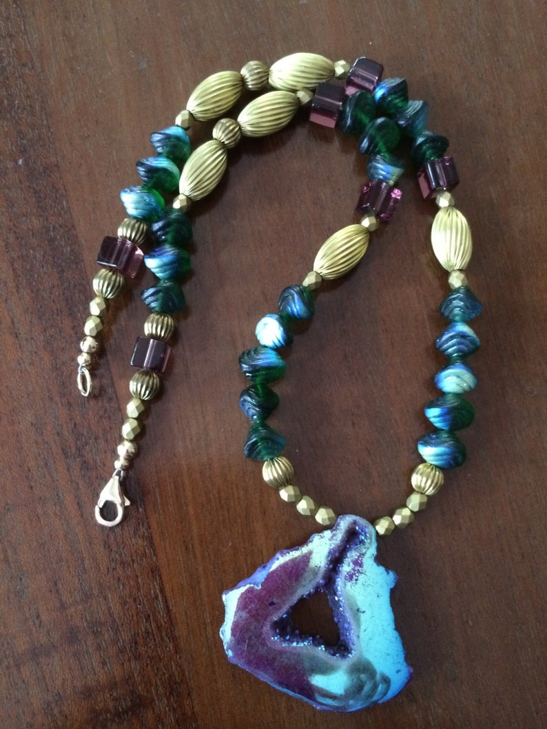 Titanium druzy, Czech glass, and vintage brass necklace and earrings set image 3