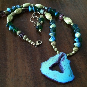 Titanium druzy, Czech glass, and vintage brass necklace and earrings set image 1