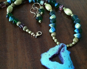 Titanium druzy, Czech glass, and vintage brass necklace and earrings set