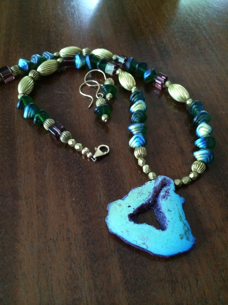 Titanium druzy, Czech glass, and vintage brass necklace and earrings set image 1