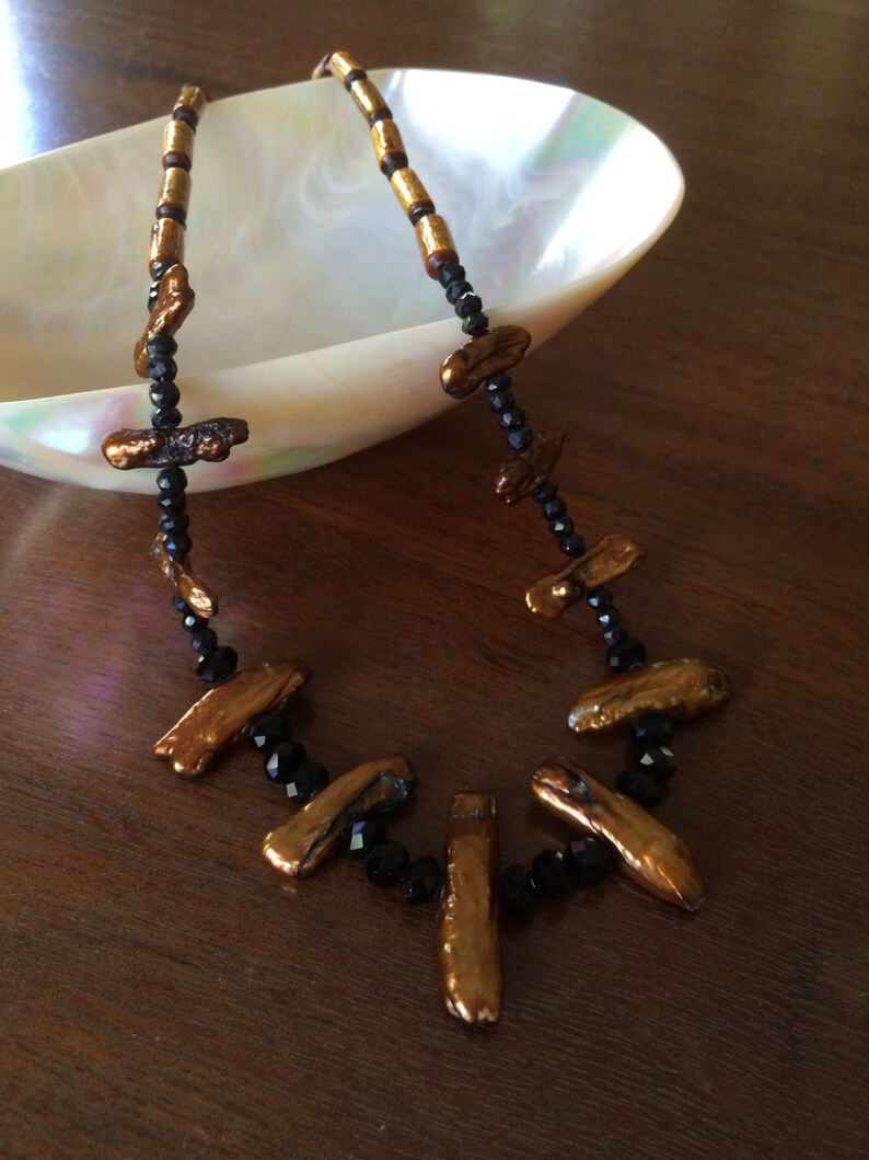 Bronze freshwater pearl and black crystal necklace image 3