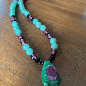 Ruby zoisite, aventurine, and vintage glass necklace image 3